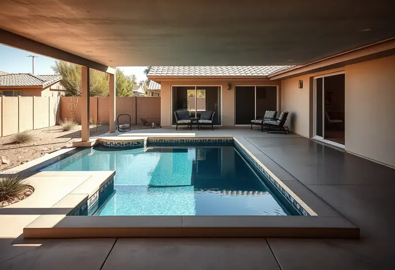 Illustration of new in-ground pool with a concrete deck in a 1985-era home