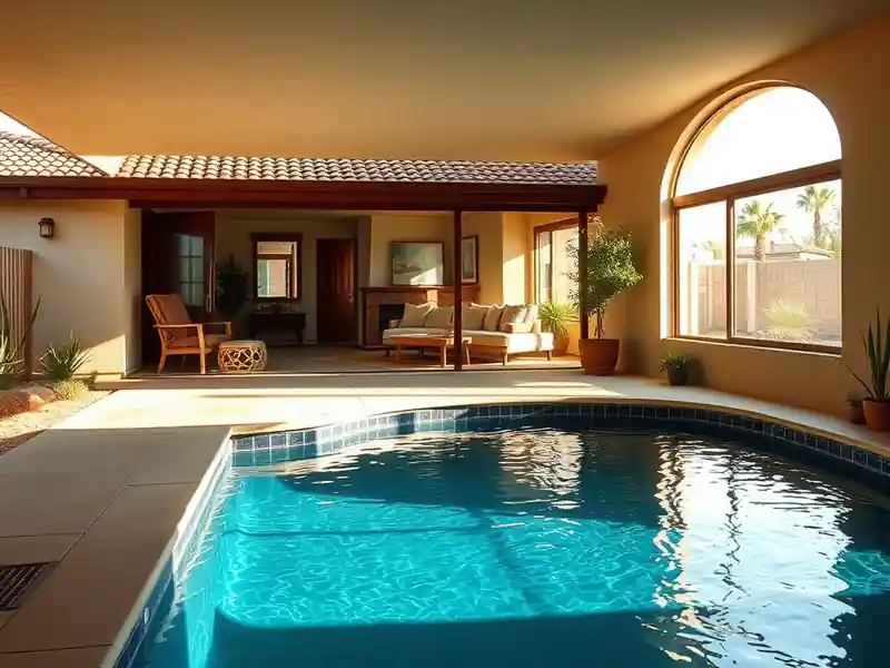 Illustration of close-up of materials and finishes of new in-ground pool with a concrete deck in a 1985-era home